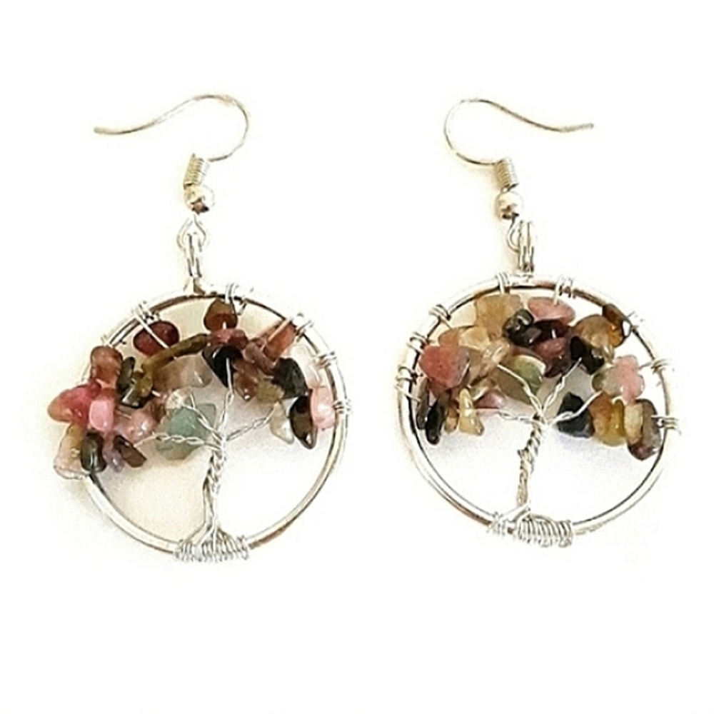 Multicolored tourmaline tree of life silver dangle earrings handmade new